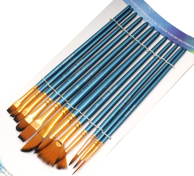 Chrome Different Shape Nylon Hair Watercolor Artist Paint Brush Set (Set of 12, Blue) - Image 2