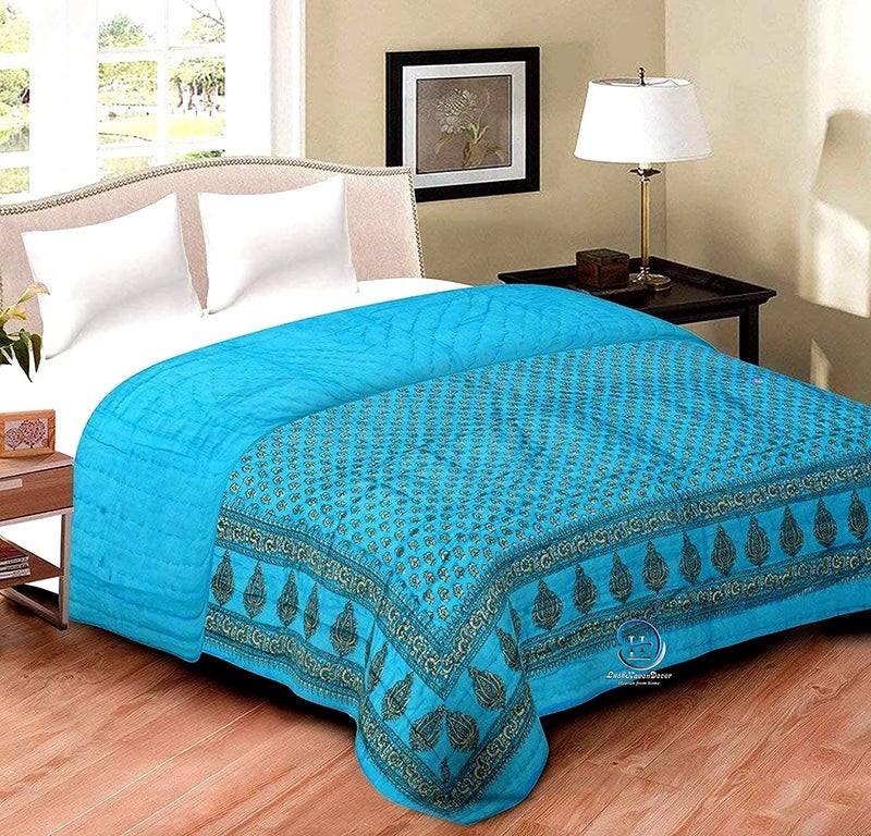 Lilfly Traditional Multicolour Light Weight Pure Cotton Single Bed Soft Jaipuri AC Quilt Razai with Gold Block Print Quilts Blankets for Home (Size 55X85 inch) Floral Sky Blue - Image 2