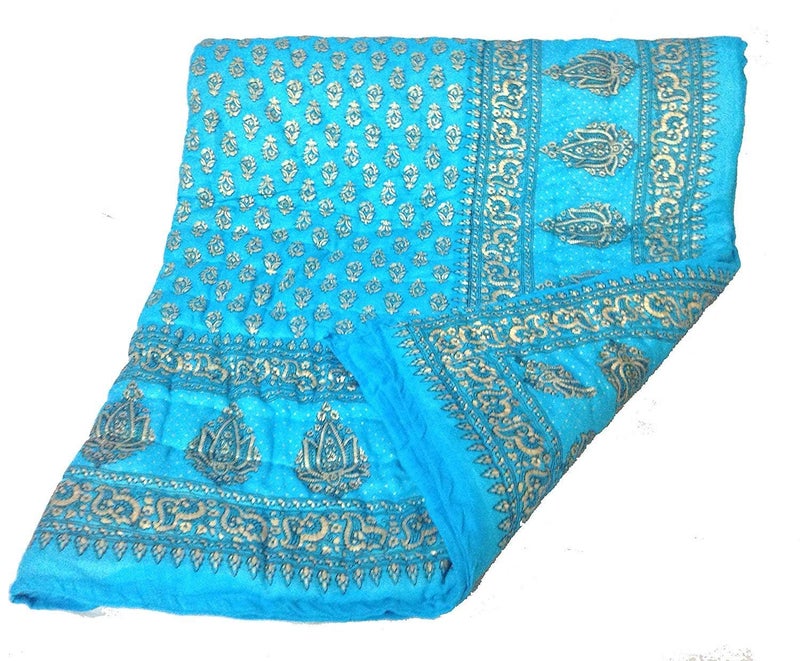 Lilfly Traditional Multicolour Light Weight Pure Cotton Single Bed Soft Jaipuri AC Quilt Razai with Gold Block Print Quilts Blankets for Home (Size 55X85 inch) Floral Sky Blue - Image 3