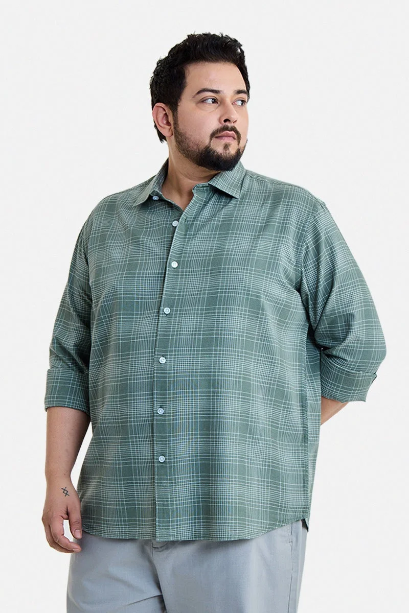 سنيتش Dark Green Checkered Long Sleeve Regular Fit Plus Size Shirt