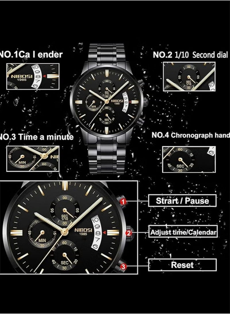نيبوسي ساعات يد رجالية أنيقة من الفولاذ المقاوم للصدأ، كرونوغراف، مقاومة للماء، سوار من الفولاذ المقاوم للصدأ، ساعة يد كوارتز كلاسيكية تناظرية، لون أسود. - Image 4