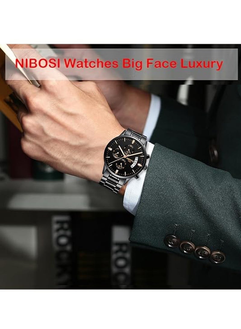 نيبوسي ساعات يد رجالية أنيقة من الفولاذ المقاوم للصدأ، كرونوغراف، مقاومة للماء، سوار من الفولاذ المقاوم للصدأ، ساعة يد كوارتز كلاسيكية تناظرية، لون أسود. - Image 2