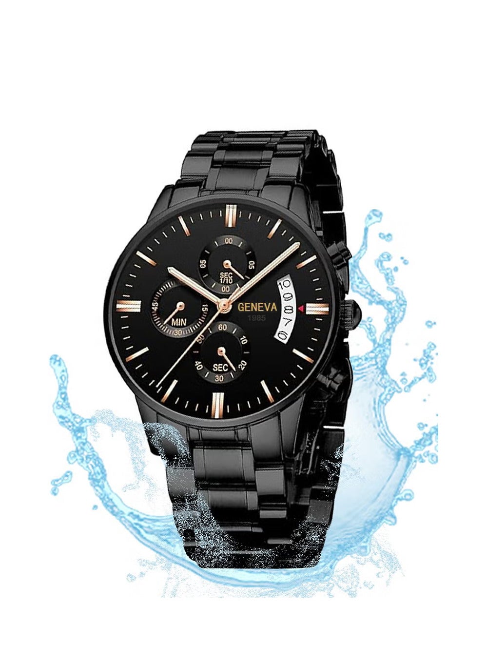 Men's Fashion Stainless Steel Watches Date Waterproof Chronograph Wristwatches,Stainsteel Steel Band Waterproof Watch Analog Classic Quartz Wristwatch, Black