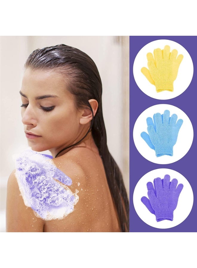 3 Pairs Bath Gloves for Shower, Natural Loofah Exfoliating Wash Gloves, Double Sided Microfibre Shower Body Gloves, for Body and Face, Dead Skin Remover, for Adults and Kids, Yellow Blue Purple - Image 3