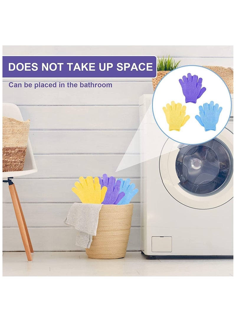 3 Pairs Bath Gloves for Shower, Natural Loofah Exfoliating Wash Gloves, Double Sided Microfibre Shower Body Gloves, for Body and Face, Dead Skin Remover, for Adults and Kids, Yellow Blue Purple - Image 4