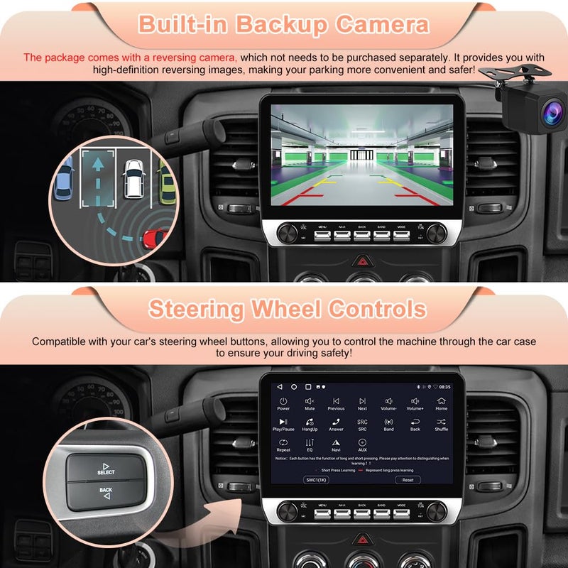 Votheon 10.1" Car Radio Stereo for Dodge RAM 1500 2500 3500 2013-2018 | Android 13 Quad-Core | 2GB+64GB | CarPlay Android Auto | WiFi Bluetooth GPS | FM AM RDS DSP | SWC | Backup Camera - Image 4