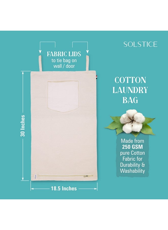 سولستيس حقيبة غسيل قطنية من سولستيس | سلة بغطاء | حقيبة غسيل تُعلق على الحائط/الباب بسحاب | حجم كبير، قابلة للطي والتعليق والغسل (مجموعة من 3 قطع) - أبيض - Image 2