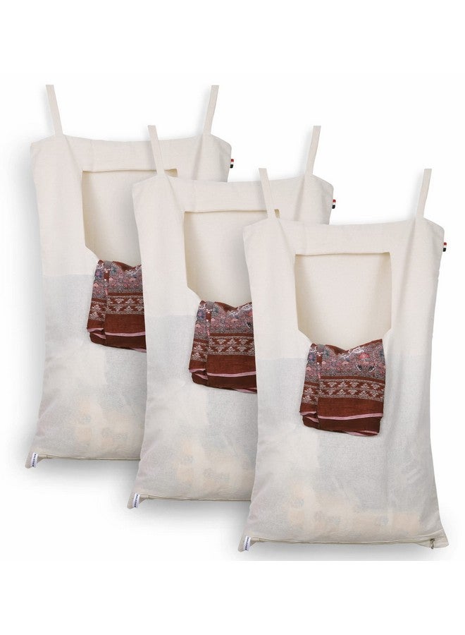 سولستيس حقيبة غسيل قطنية من سولستيس | سلة بغطاء | حقيبة غسيل تُعلق على الحائط/الباب بسحاب | حجم كبير، قابلة للطي والتعليق والغسل (مجموعة من 3 قطع) - أبيض - Image 1