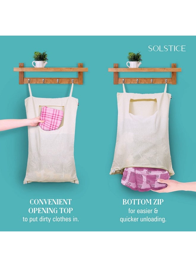 سولستيس حقيبة غسيل قطنية من سولستيس | سلة بغطاء | حقيبة غسيل تُعلق على الحائط/الباب بسحاب | حجم كبير، قابلة للطي والتعليق والغسل (مجموعة من 3 قطع) - أبيض - Image 3