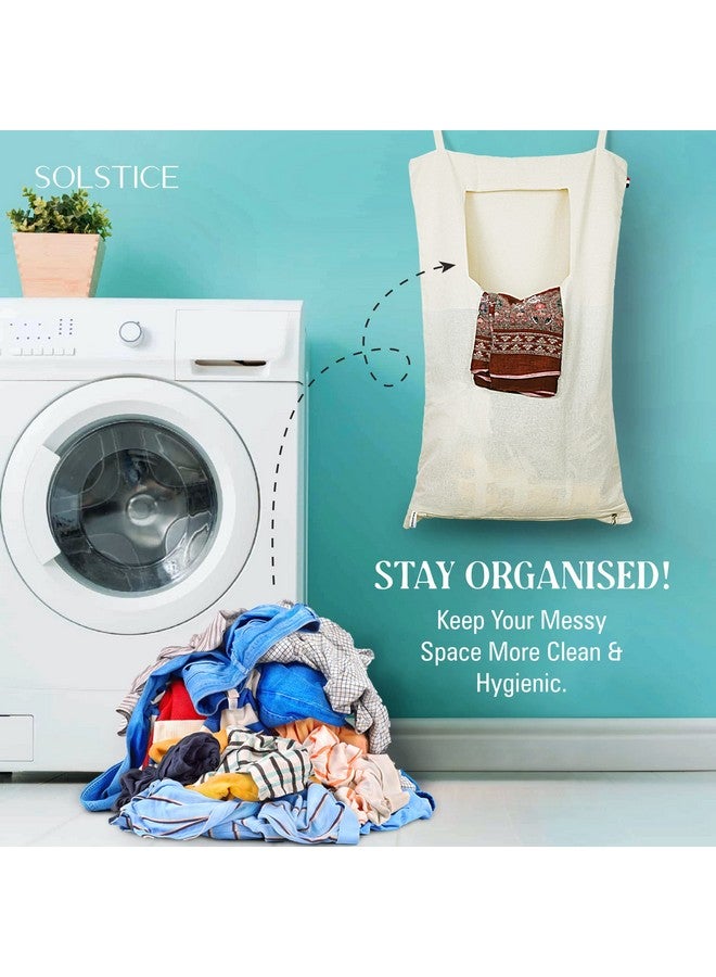 سولستيس حقيبة غسيل قطنية من سولستيس | سلة بغطاء | حقيبة غسيل تُعلق على الحائط/الباب بسحاب | حجم كبير، قابلة للطي والتعليق والغسل (مجموعة من 3 قطع) - أبيض - Image 5