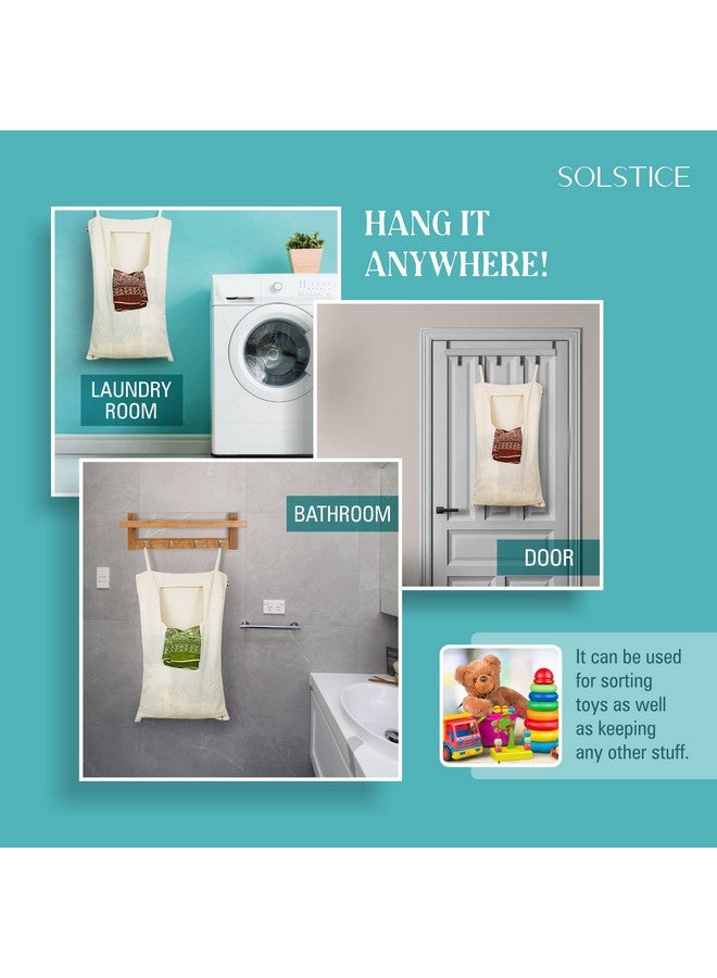سولستيس حقيبة غسيل قطنية من سولستيس | سلة بغطاء | حقيبة غسيل تُعلق على الحائط/الباب بسحاب | حجم كبير، قابلة للطي والتعليق والغسل (مجموعة من 3 قطع) - أبيض - Image 4