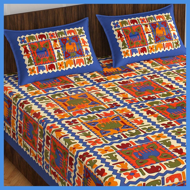 Meejoya Cotton Rajasthani Jaipuri Traditional King Size Double Bed Bedsheet with 2 Pillow Covers Jaipuri_99