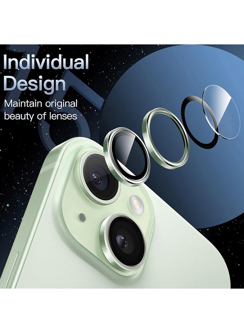 Theodor iPhone 15/ 15 Plus 2 Pcs Camera Lens Protector With 9H Tempered HD Glass Camera Cover Anti Scratch Aluminum Alloy Camera Ring, Green - Image 2