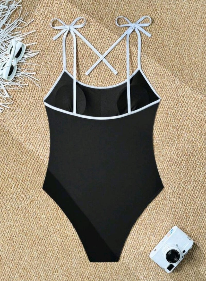 Shein SHEIN Swimsuit Women's Black & White Minimalist Tie Shoulder Monokini One-Piece Swimsuit,  - Image 5