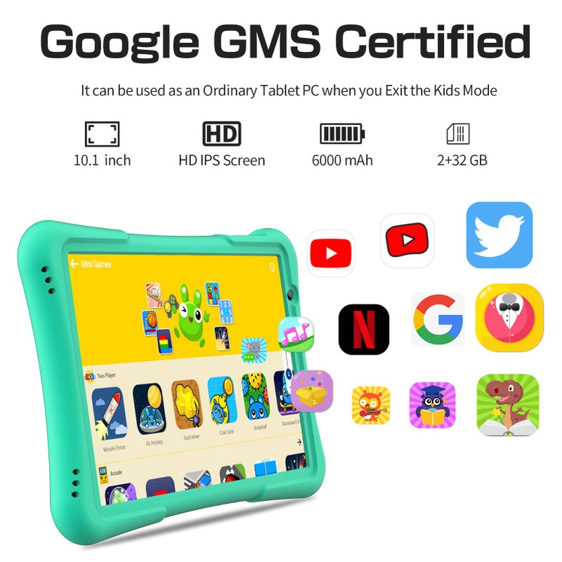 PRITOM 10 inch Kids Tablet Android 12 Tabletas 32GB, Quad-Core, 6000mAh, Large HD IPS Display, WiFi 6, Dual Camera, Bluetooth, Toddler Tablet for Kids Age 3+, Green - Image 3