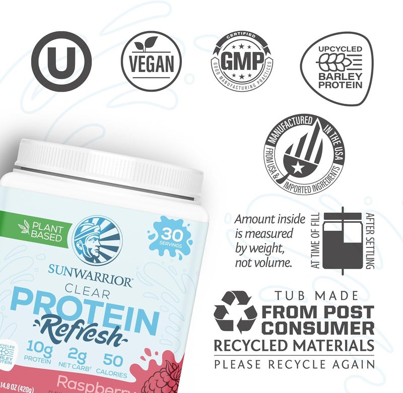 Sunwarrior Clear Protein Powder PlantBased Water Mix Vegan and Refreshing Protein and Hydration Supplement 10g Per Serving Raspberry Flavored 420g Tub 30 Servings - Image 3