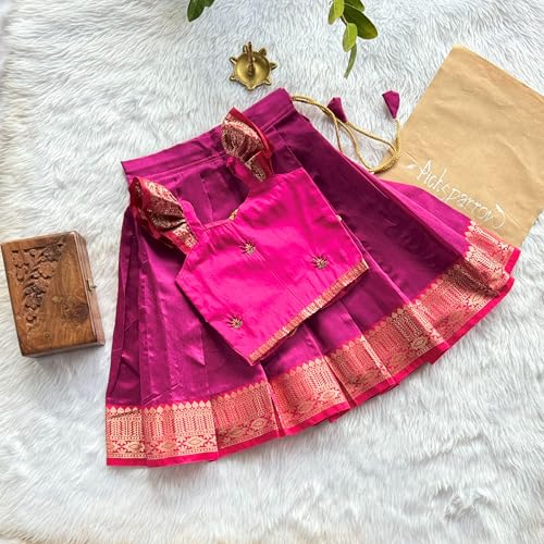 Picksparrow Baby Girl Pattu pavadai/Lehenga Choli/Festive Indian wear (Cotton Silk) (Magenta, 6-12 Months) - Image 2