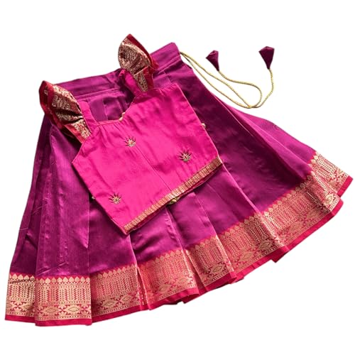 Picksparrow Baby Girl Pattu pavadai/Lehenga Choli/Festive Indian wear (Cotton Silk) (Magenta, 6-12 Months) - Image 1