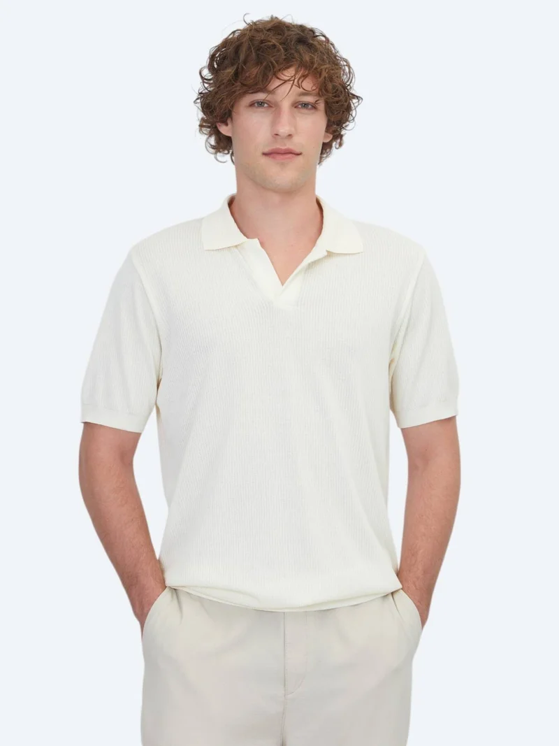 Kip Beige Striped Polo Neck 100% Cotton T-Shirt