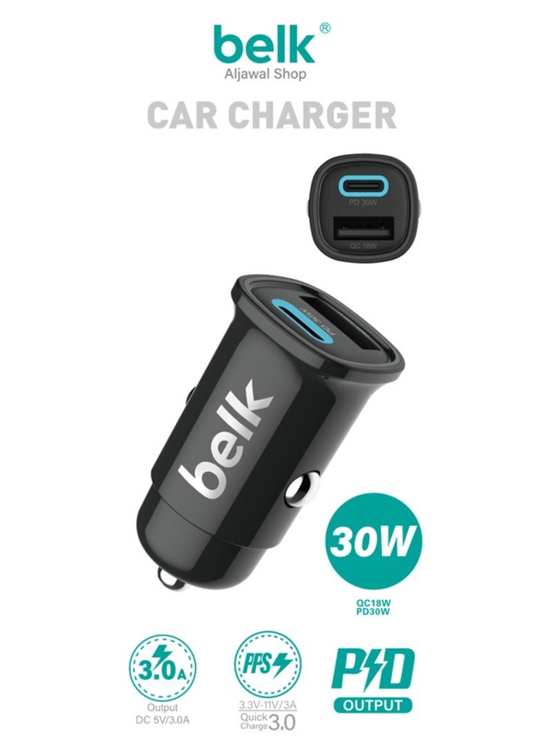بيلك شاحن سيارة ثنائي المنفذ 30 واط منفذ بخاصية الشحن السريع 18 واط والاخر بي دي بقوة 30 واط - Image 1
