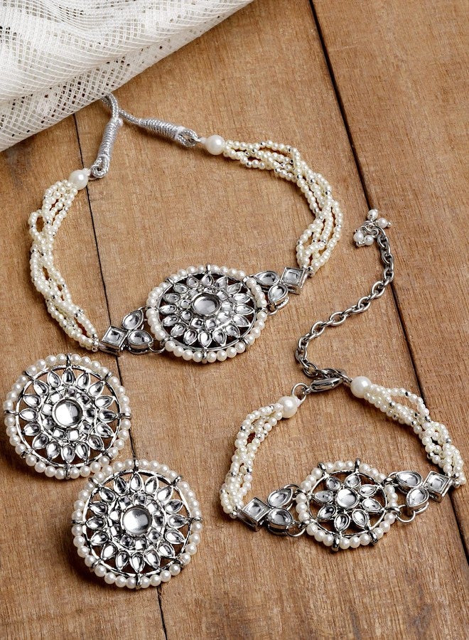Karatcart Oxidised Silver Floral Shape Pearl Beaded Choker Necklace with Earrings and Bracelet - Image 4