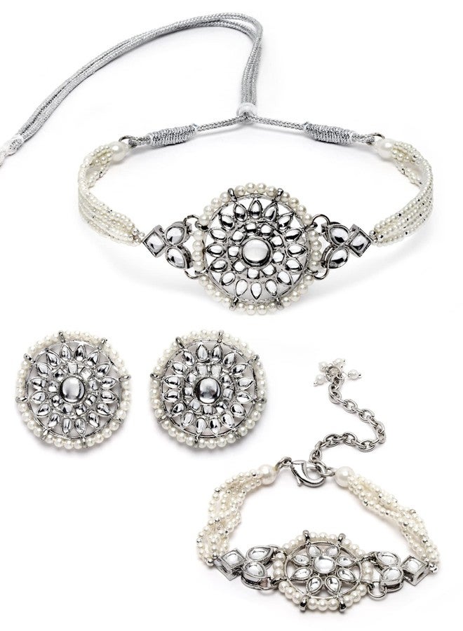 Karatcart Oxidised Silver Floral Shape Pearl Beaded Choker Necklace with Earrings and Bracelet - Image 1