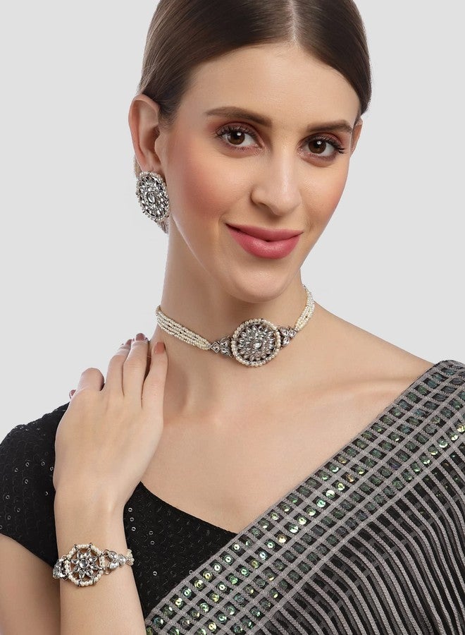 Karatcart Oxidised Silver Floral Shape Pearl Beaded Choker Necklace with Earrings and Bracelet - Image 2
