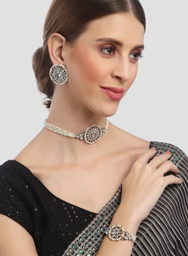 Karatcart Oxidised Silver Floral Shape Pearl Beaded Choker Necklace with Earrings and Bracelet - Image 3