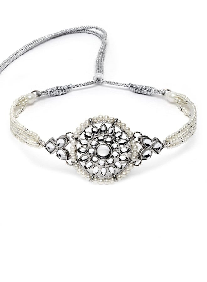 Karatcart Oxidised Silver Floral Shape Pearl Beaded Choker Necklace with Earrings and Bracelet - Image 5