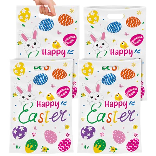 PADELO 40 Pack Happy Easter Treat Bags, Colorful Easter Gift Bags with Handles, Plastic Easters Eggs Bunny Goodie Candy Tote Favor Bag for Easters Egg Hunt Party Supplies and Gifts Wrapping, 6.5 X 10 inch - Image 1