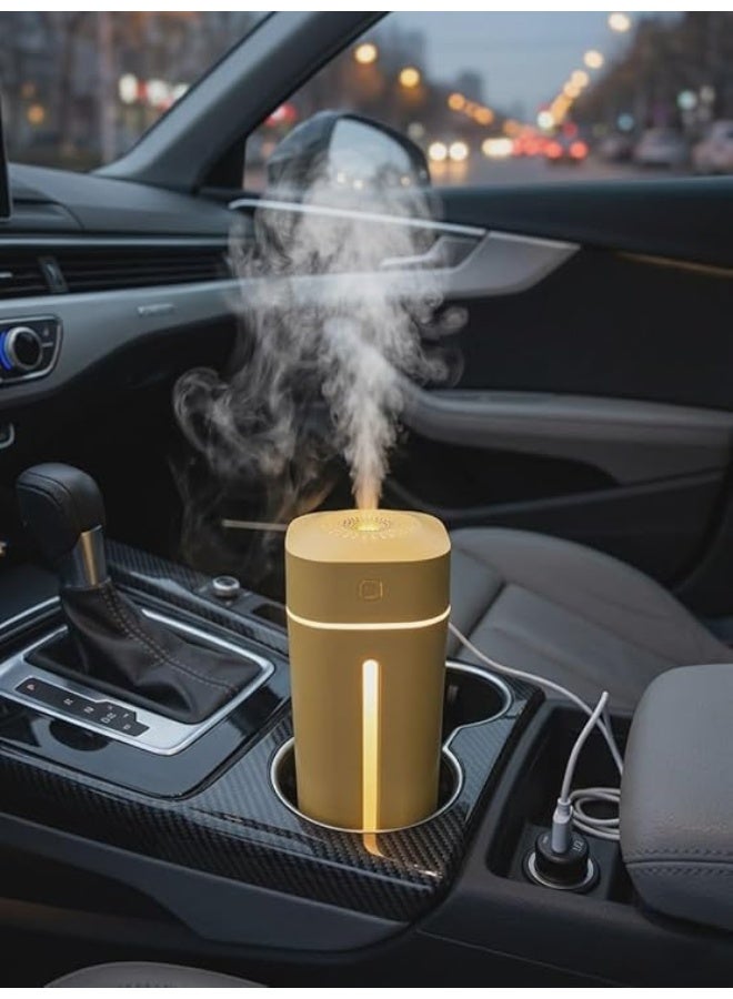 2-in-1 USB Car & Office Humidifier & Essential Oil Diffuser | Compact Cup Holder Design, Colorful LED Night Light, Ultra-Quiet Ultrasonic Cool Mist (Yellow) - Image 1