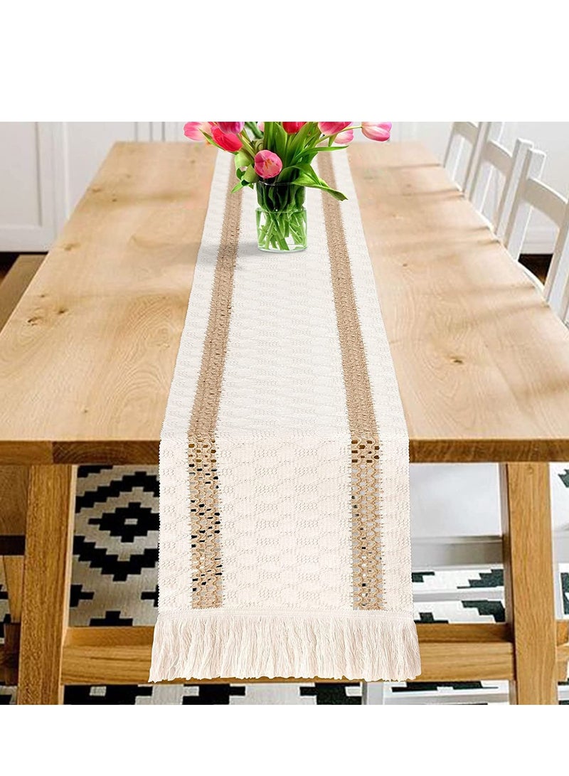 SOLARAE Table Runner Cream Beige Boho With Tassels Hand Woven Cotton Home Linen Layout Fall Kitchen Dining - Image 4