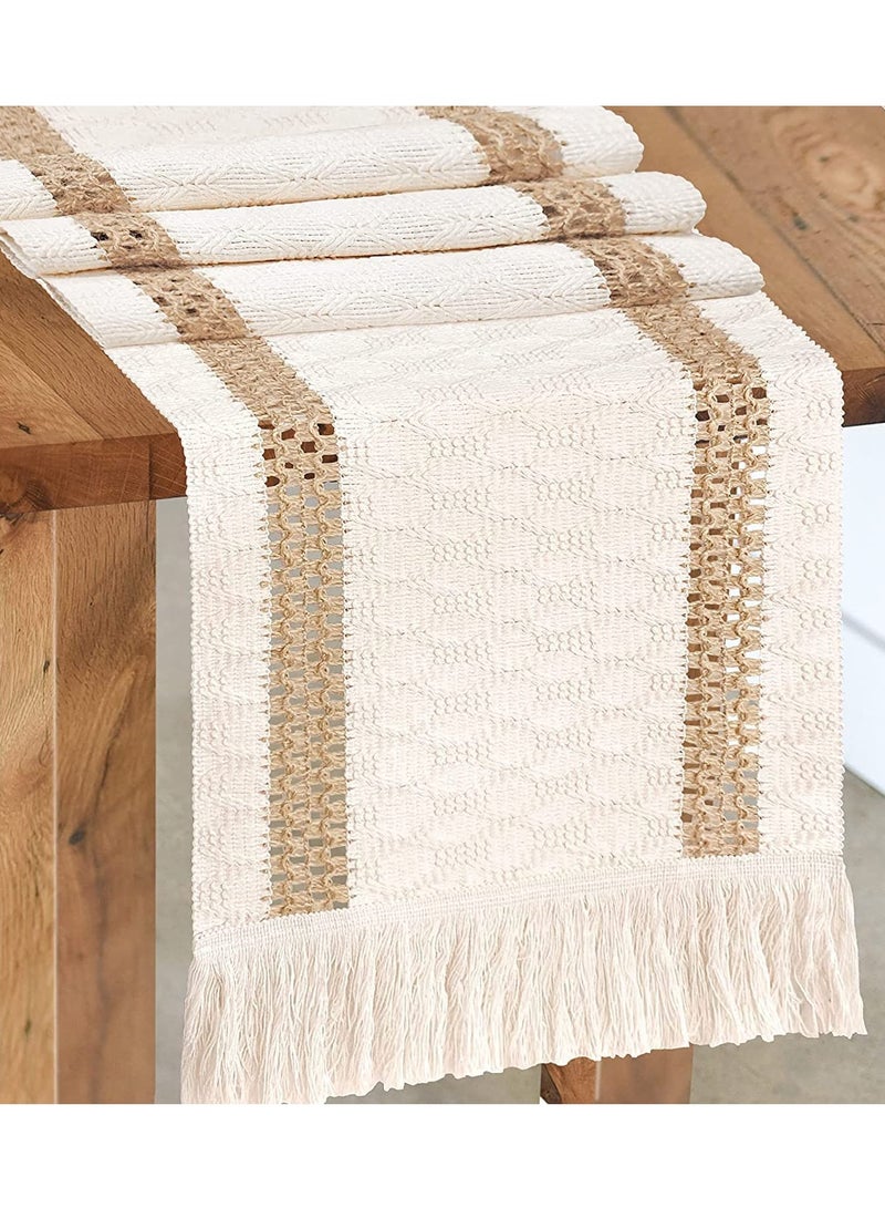 SOLARAE Table Runner Cream Beige Boho With Tassels Hand Woven Cotton Home Linen Layout Fall Kitchen Dining - Image 1