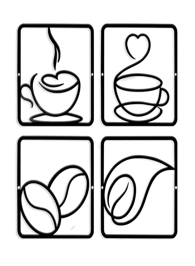 WOPARTY Modern Coffee Theme Metal Wall Art Decor Set, Black Wire Frame Design, 7.8x7.8 Inch Panels, 4-Piece Coffee Cup and Bean Pattern for Cafe, Bar, Kitchen - Image 1