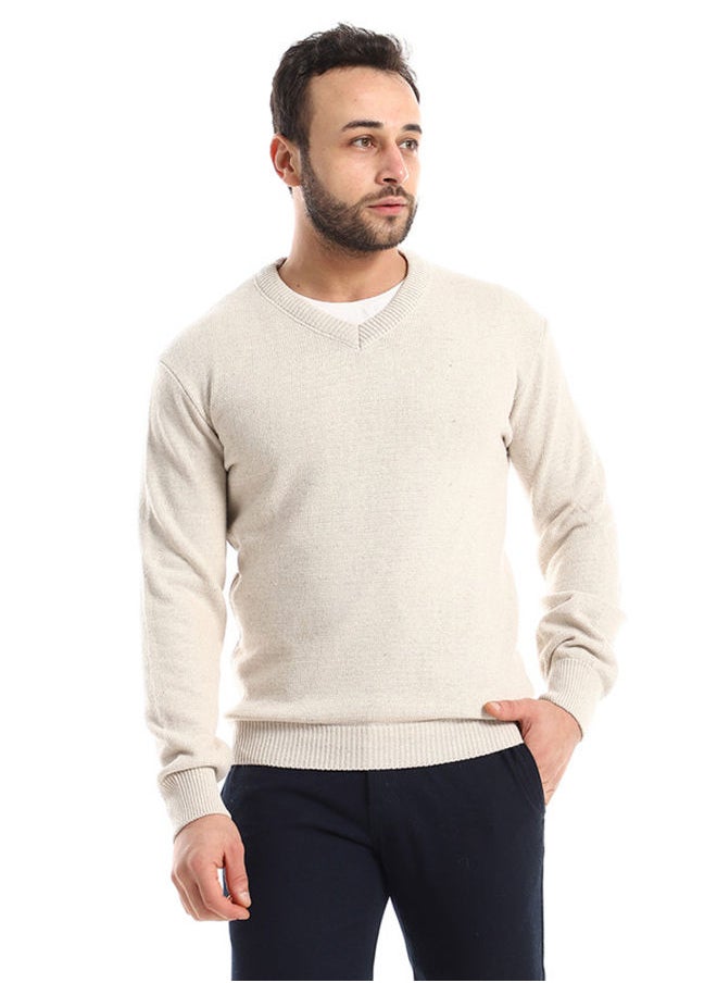 Andora - V-Neck Knitted Heather Light Beige Pullover - Image 1