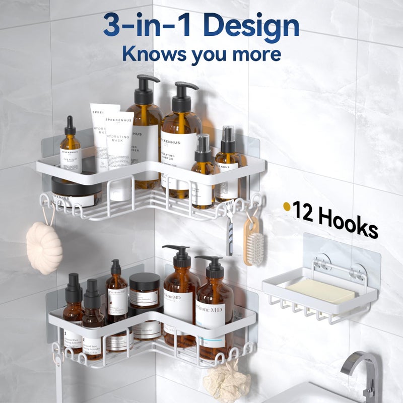 YASONIC Corner Adhesive Shower Caddy, with Soap Holder and 12 Hooks, Rustproof Stainless Steel Bathroom Organizer, No Drilling Wall Mounted Rack, White, 3-Pack - Image 5