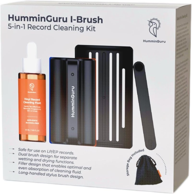 HumminGuru مجموعة تنظيف أسطوانات الفينيل HumminGuru I-Brush، مجموعة تنظيف أسطوانات فينيل مضادة للكهرباء الساكنة مع وسادتين مخمليتين مزدوجتين + فرشاة أسطوانات فينيل + محلول تنظيف خالٍ من الكحول + حامل فرشاة LP (أبيض 5 في 1) - Image 1