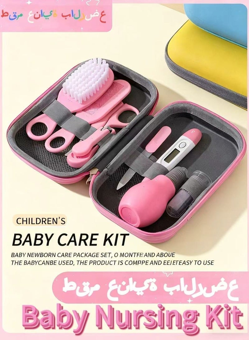 HPMY 8 in 1 Baby Grooming Kit,Baby Hair Brush/Nail Clipper/Nose Cleaner/Finger Toothbrush/Nail Scissors/Manicure Kit,Baby Care Grooming Kit,Baby Daily Grooming Kit,Baby Essentials Kit for Newborn Girls Boys (Pink Baby Grooming kit) - Image 1