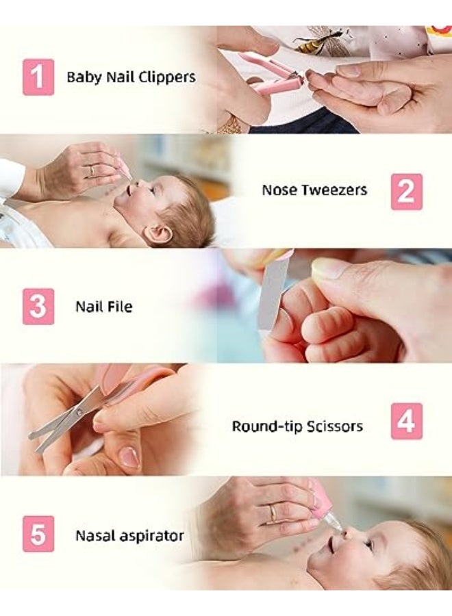 HPMY 8 in 1 Baby Grooming Kit,Baby Hair Brush/Nail Clipper/Nose Cleaner/Finger Toothbrush/Nail Scissors/Manicure Kit,Baby Care Grooming Kit,Baby Daily Grooming Kit,Baby Essentials Kit for Newborn Girls Boys (Pink Baby Grooming kit) - Image 5