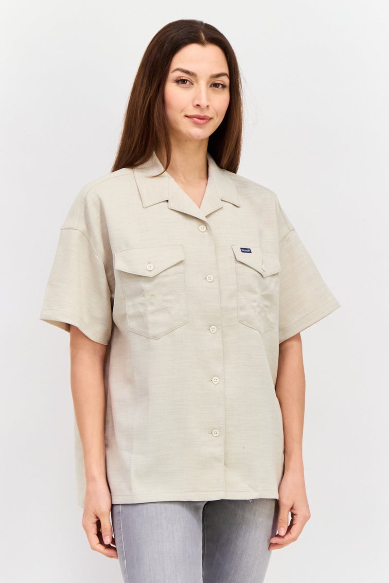 Wrangler Women Regular Fit Solid Short Sleeves Casual Shirt, Beige - Image 1