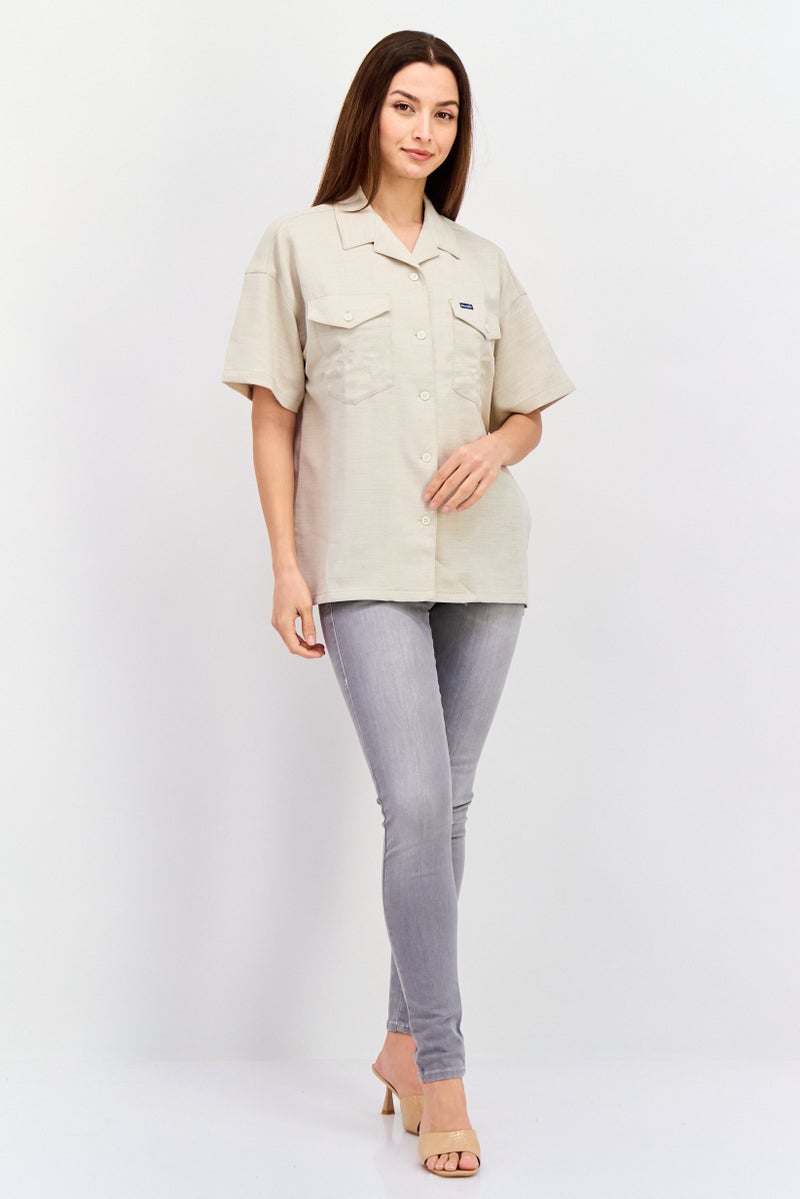 Wrangler Women Regular Fit Solid Short Sleeves Casual Shirt, Beige - Image 4