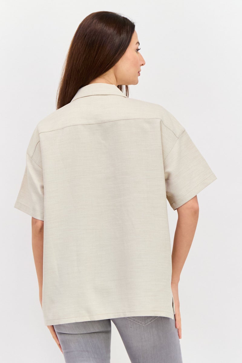 Wrangler Women Regular Fit Solid Short Sleeves Casual Shirt, Beige - Image 3