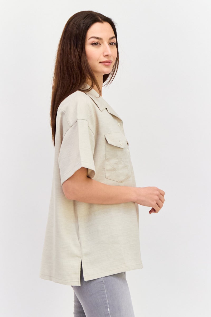 Wrangler Women Regular Fit Solid Short Sleeves Casual Shirt, Beige - Image 2