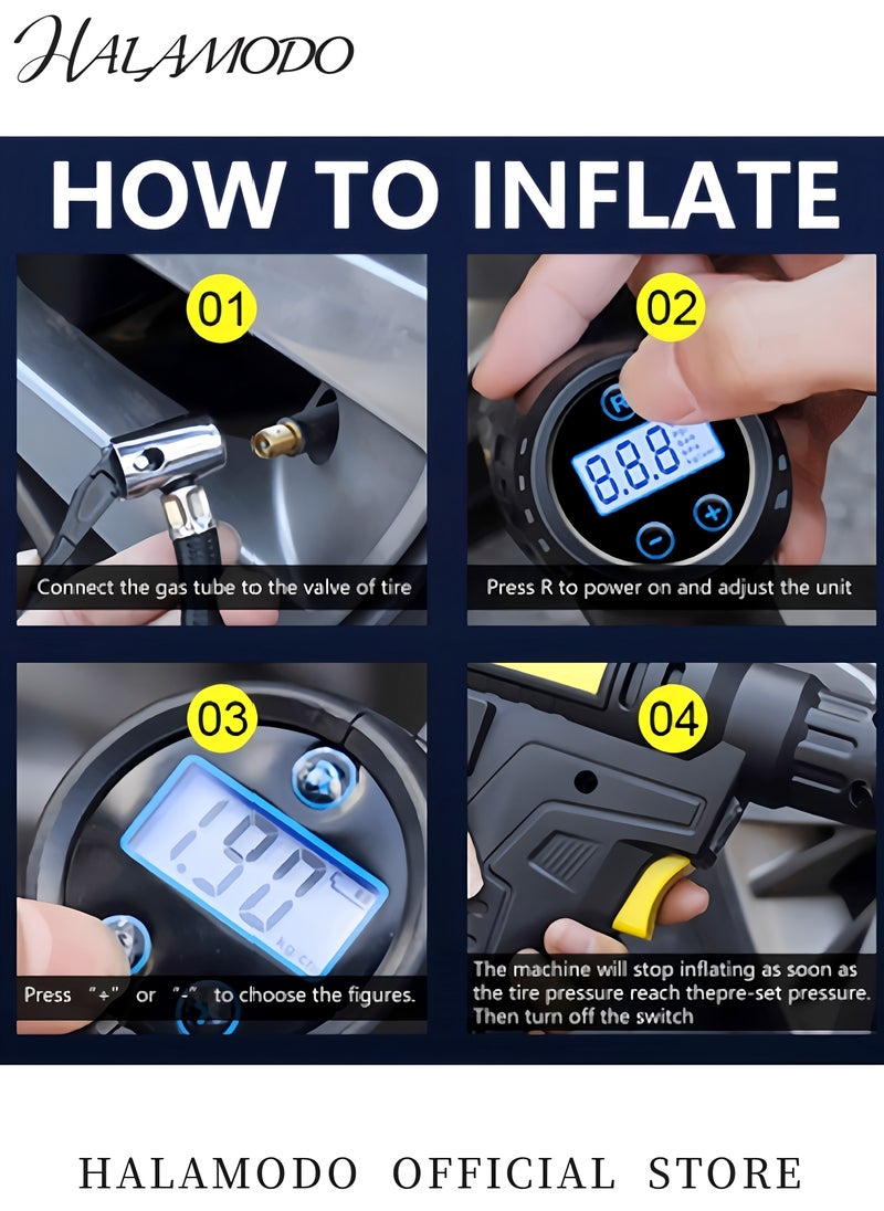 HALAMODO - Car Tire Inflator Portable Air Compressor Pump with Tire Pressure Detection Preset and Auto Shut off 12V Up to 150 PSI Tire Pump with Digital Pressure Gauge & LED Light - Image 1