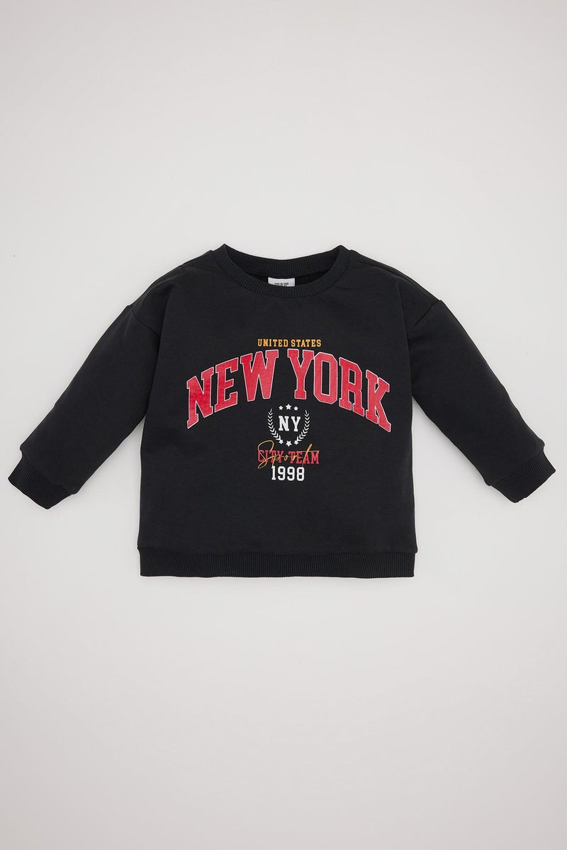 ديفاكتو سويت شيرت بيبي اولادي بطبعة شعار قصة عادية ببطانة ناعمة - Image 1