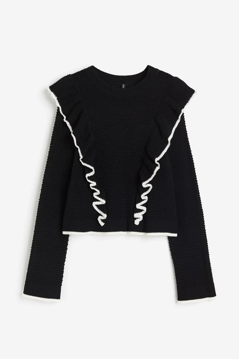 H&M Frill-Trimmed Textured-Knit Jumper