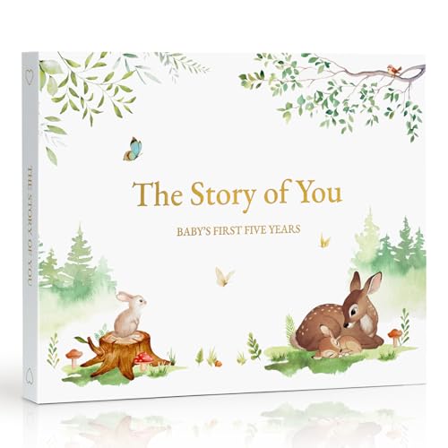Braveriky Keepsake Baby Memory Book for Boys and Girls - First 5 Year Baby Book - Monthly Milestone Book - Gender Neutral Journal Scrapbook Photo Album from Birth to Age 5 - Baby Shower & New Mom Gift, Forest - Image 1