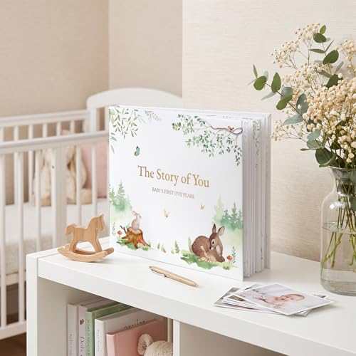 Braveriky Keepsake Baby Memory Book for Boys and Girls - First 5 Year Baby Book - Monthly Milestone Book - Gender Neutral Journal Scrapbook Photo Album from Birth to Age 5 - Baby Shower & New Mom Gift, Forest - Image 4