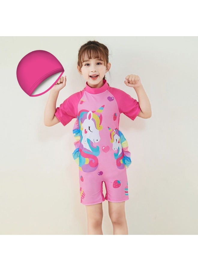 NIBEMINENT Girls' Modest One-Piece Swimsuit with Short Sleeves & Shorts – Cute Cartoon Print Swimwear for Toddlers & Kids (Polyester) – Perfect for Swimming, Water Play & Dance