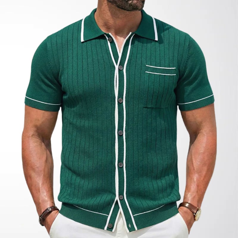 Men's Knitted Sweater Summer Short-Sleeved Ribbed Jacquard Edge-Trimmed Cardigan Polo Shirt